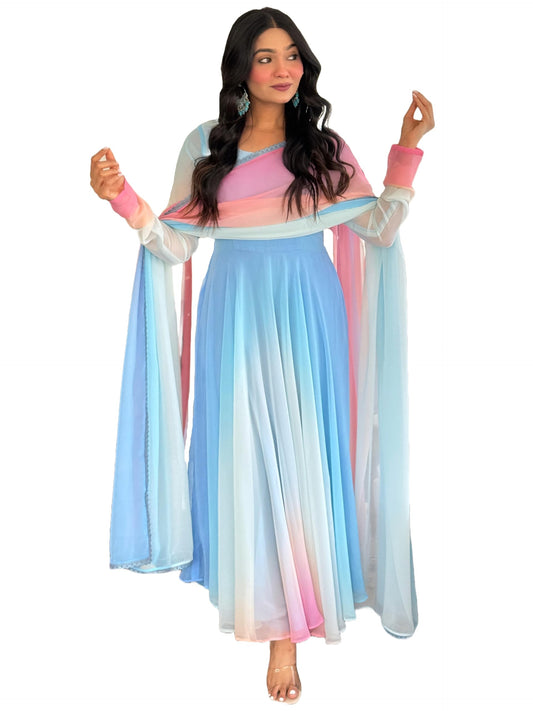 GoSriKi Women's Georgette Anarkali Solid Kurta with Pant & Dupatta