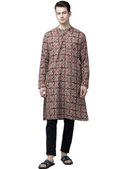 See Designs Men Maroon and Beige Kalamkari Block Printed Straight Sustainable Kurta