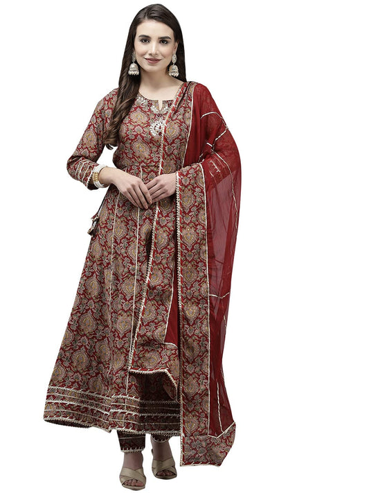ishin Women's Silk Blend Maroon Embroidered Anarkali Kurta set With Trouser and Dupatta