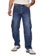 The Souled Store Denim: Washed Blue Men and Boys Buttoned Baggy Fit Cargo Jeans