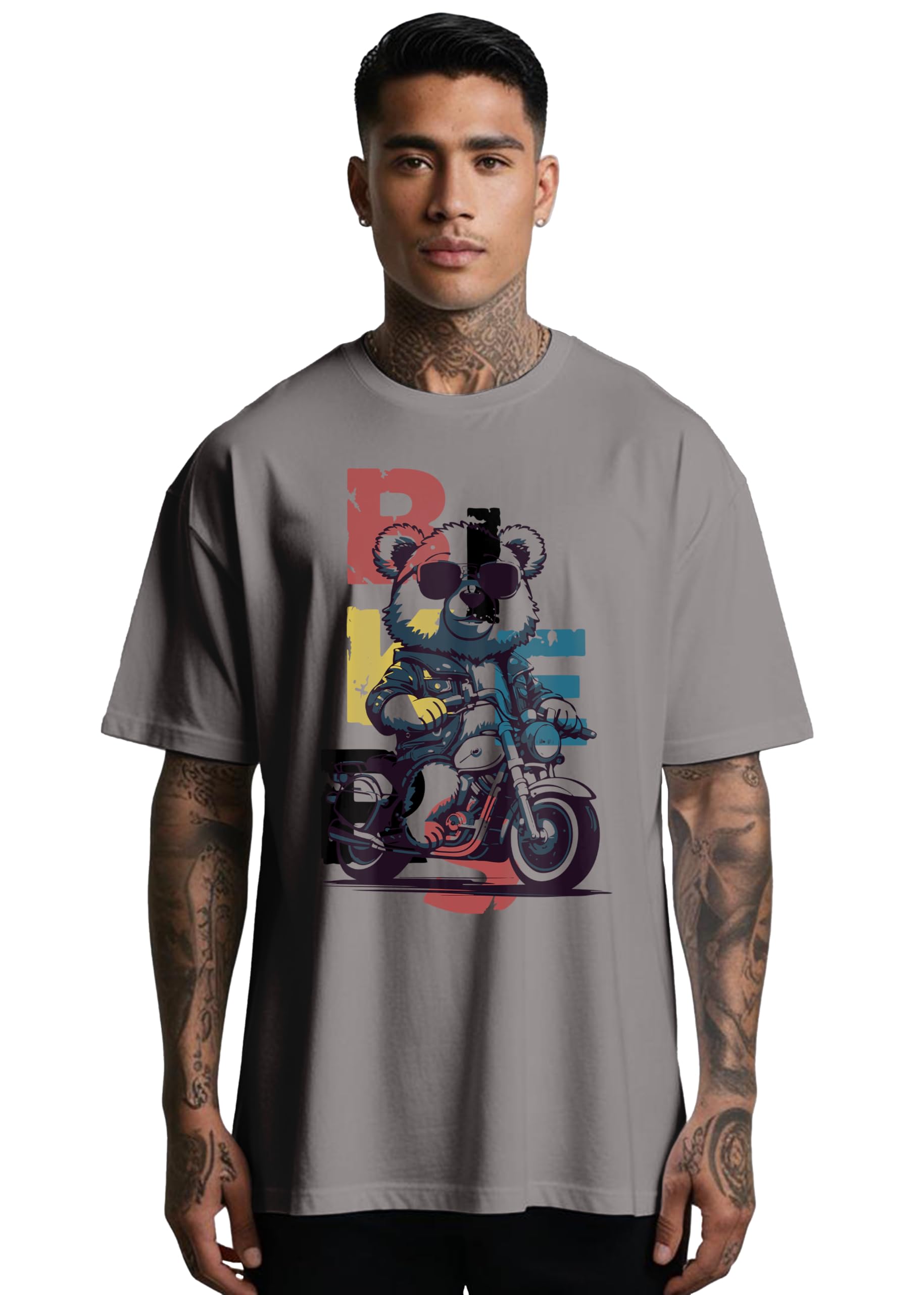 Peppyzone Mens Oversized Fit T-Shirt (OST-Biker 1-5_Grey