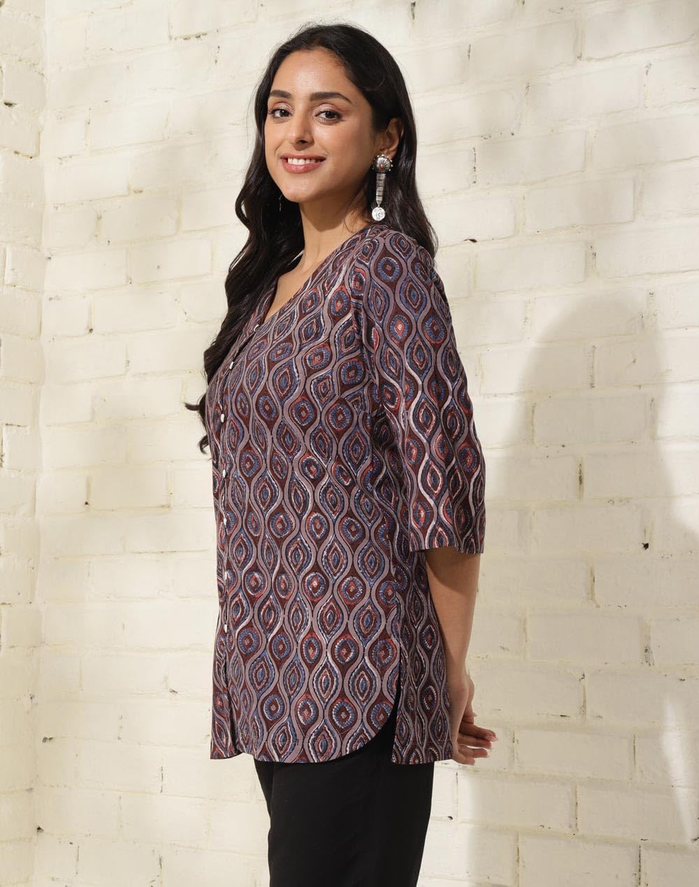 Fabindia WomenS Printed Regular Fit Tunic (1035732Red-Grey_Red