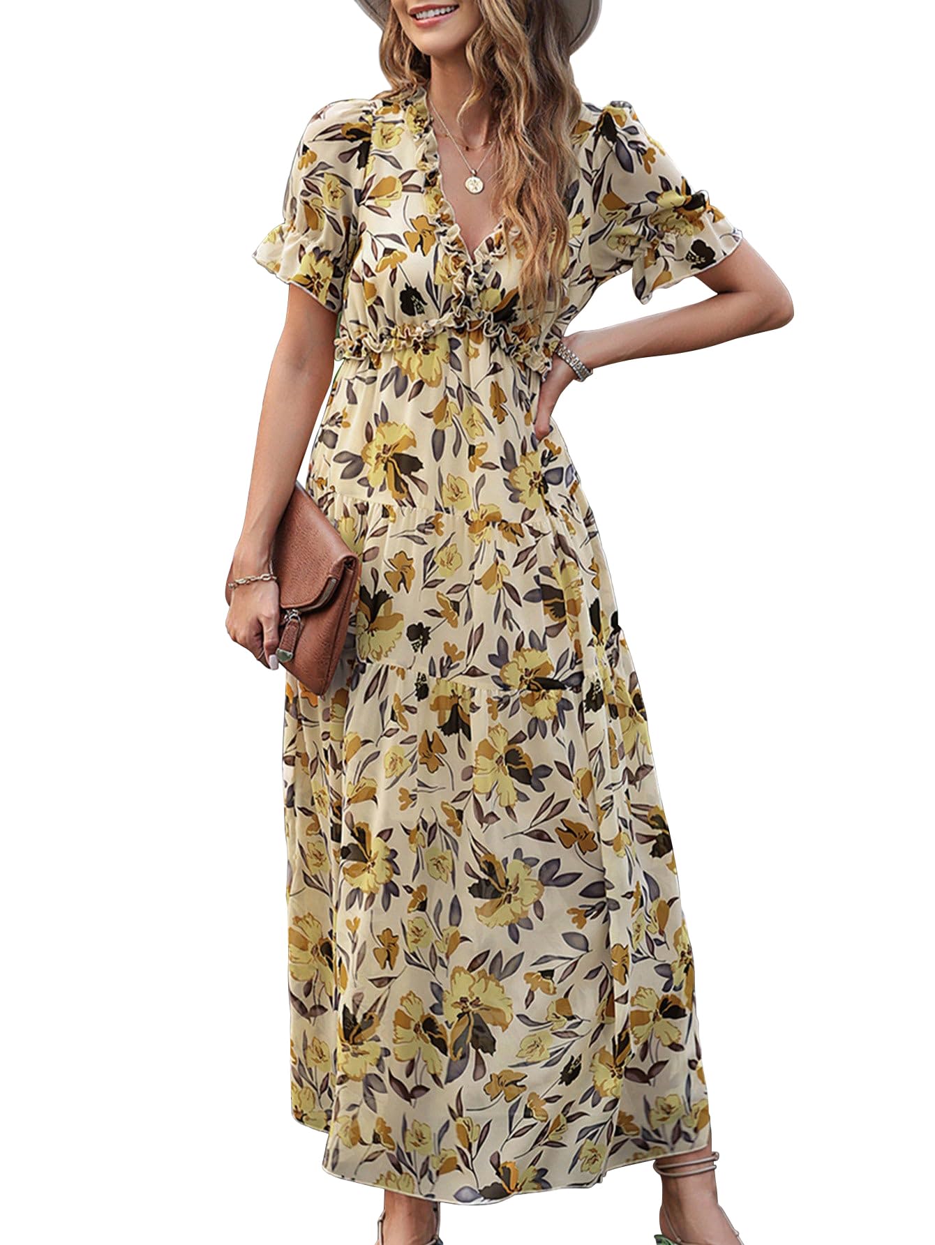 Shasmi Womens Casual Yellow Floral Printed Ruched V Neck Short Flutter Sleeve Lapel Tie Waist Split Long One Pic Western Party