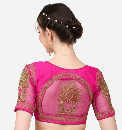 Pujia Mills WomenS Multicolor Temple Embroidery Net Back Sequence Khatli Work Sleeves Design Phantom Silk Readymade Saree Blous