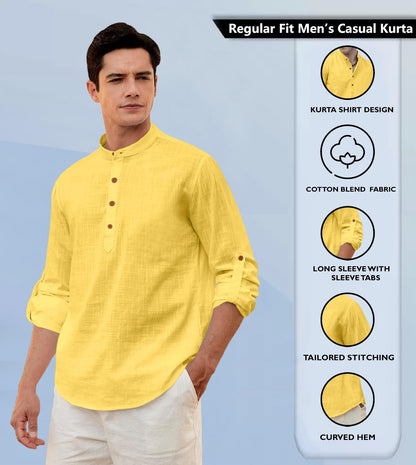 Zombom MenS Solid Cotton Blend Straight Kurta Shirt, Regular Fit Full Sleeve Short Kurta Shirt Yellow