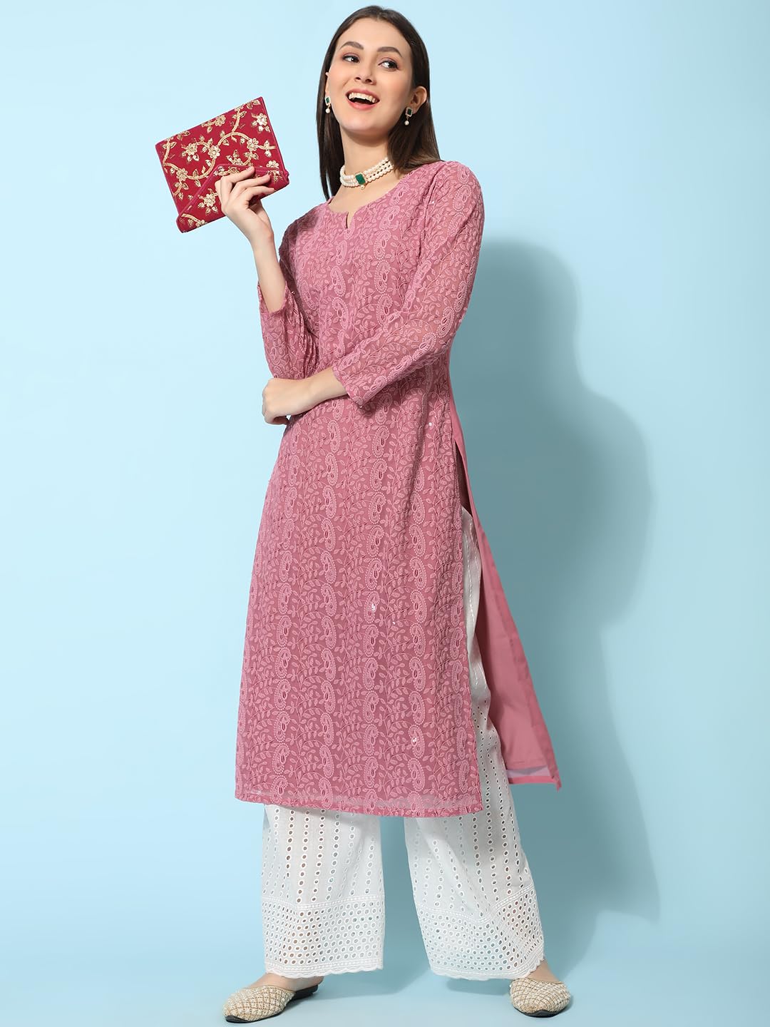 Gufrina WomenS Georgette Straight Kurta Palazzo With Notch Neck 3/4Th Sleeves Solid Pattern Chikankari Work Calf Length And Reg