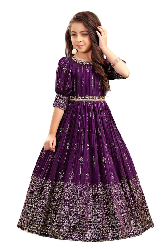 White Button New Wine Ethnic Long Party Kids Gown for Girls Maxi Dress
