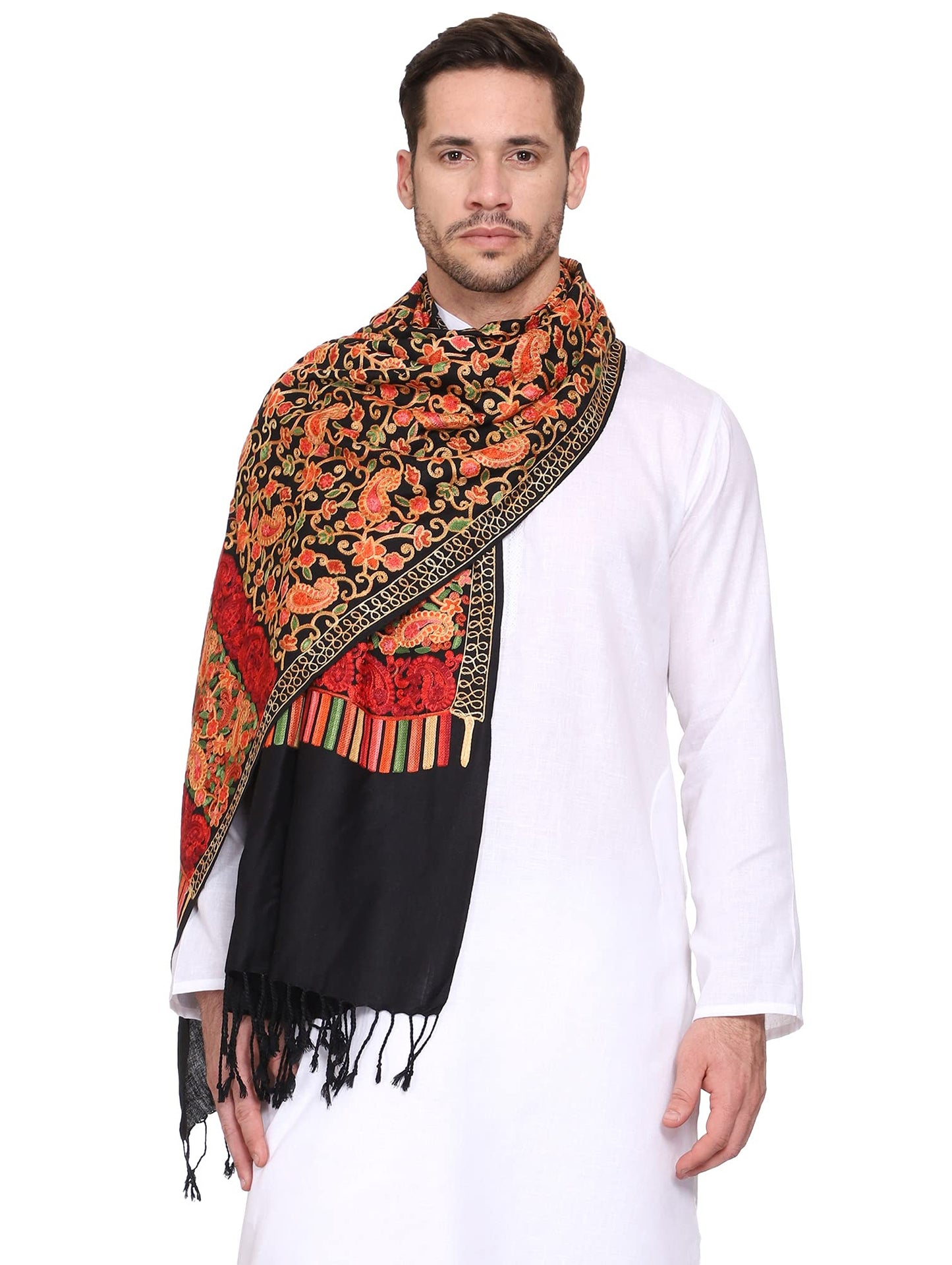 Weavers Villa Mens Floral Embroided Cashmilon Gents Shawls, Stoles, Muffler for Men, 70cm x 200cm