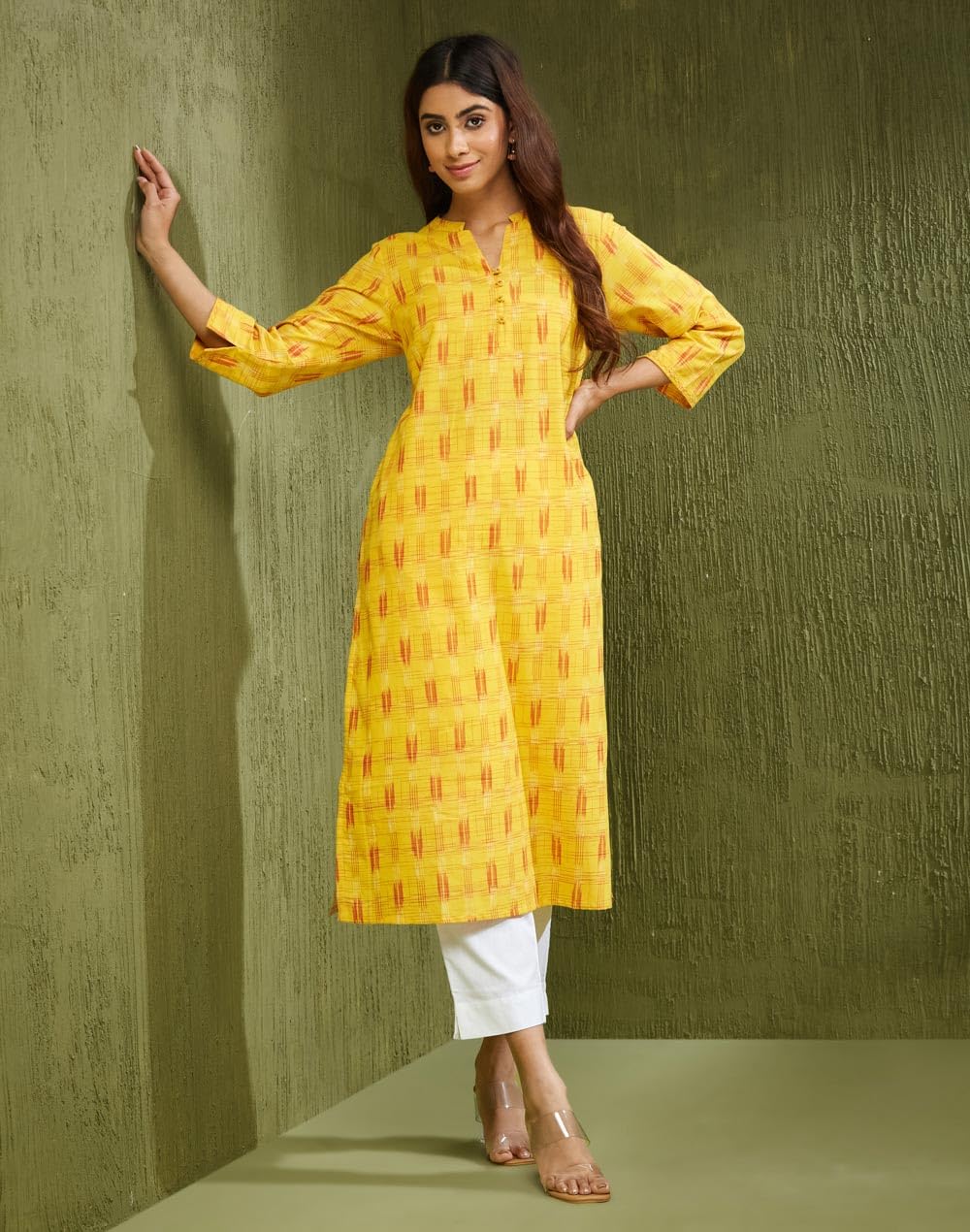 Fabindia Yellow Cotton Ikat Long Kurta