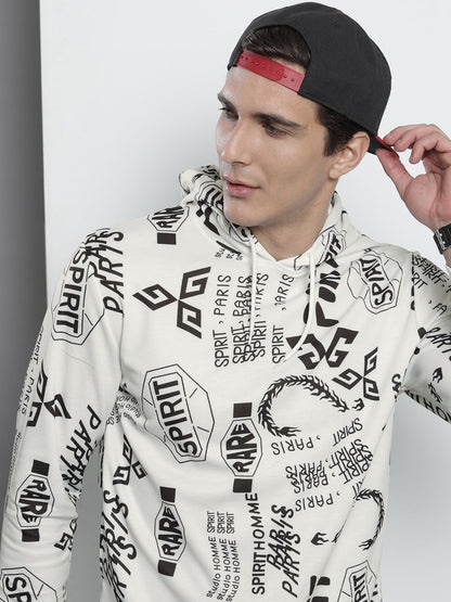 The Indian Garage Co Men White Regular Fit Abstract Print Hooded Sweatshirt