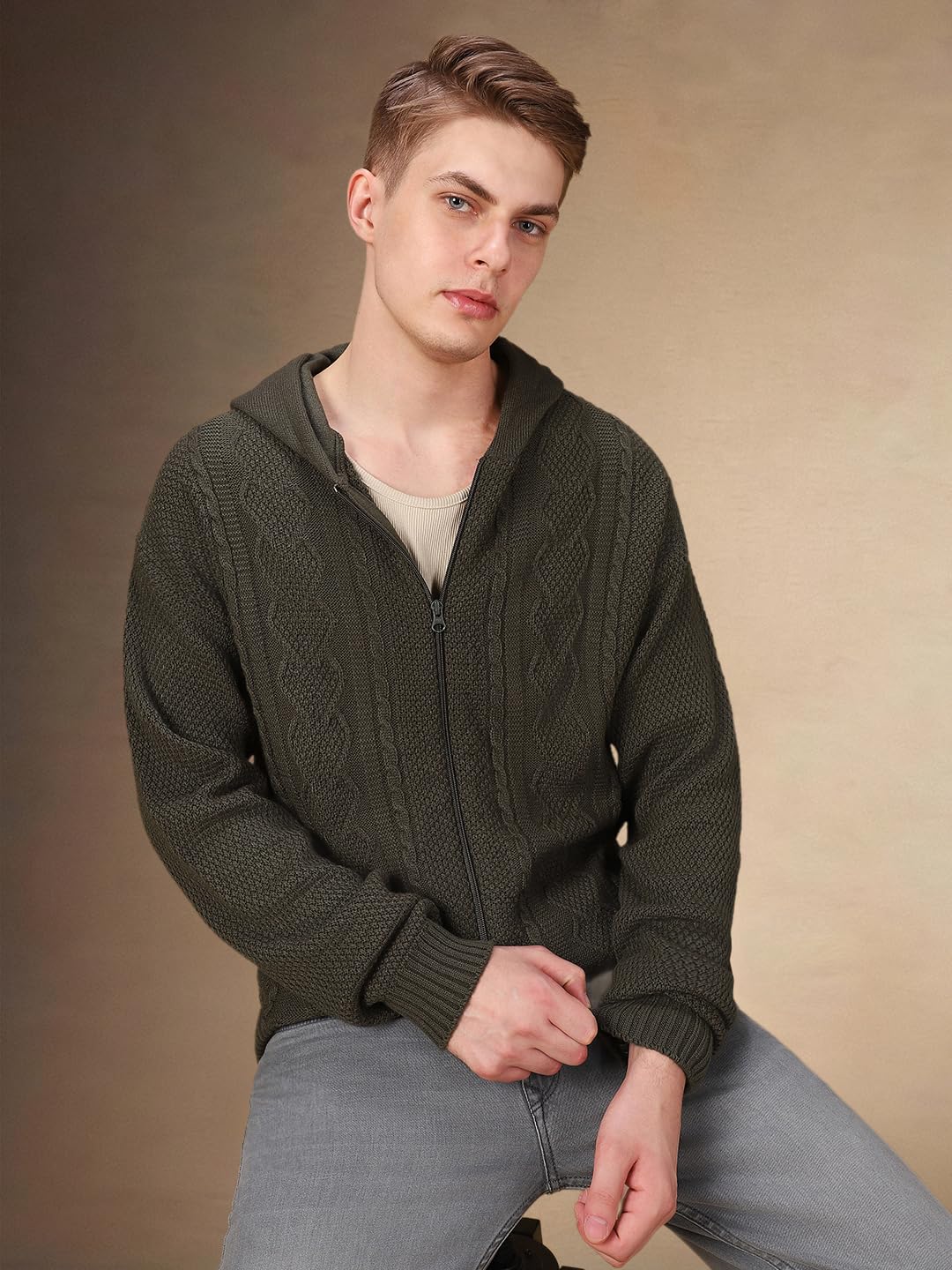 Dennis Lingo Men Solid Acrylic Regular Fit Full Sleeves Cardigan Sweater Olive