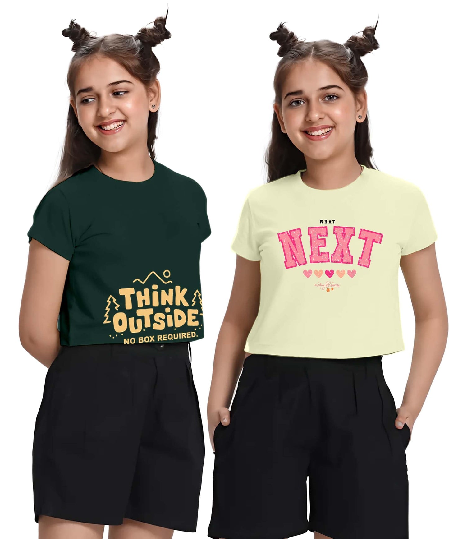 Kyda Kids 100% Cotton Crop Top For Girls - Printed Half Sleeve Stylish Tshirt, Regular Fit Tops For Girl - Pack Of 2
