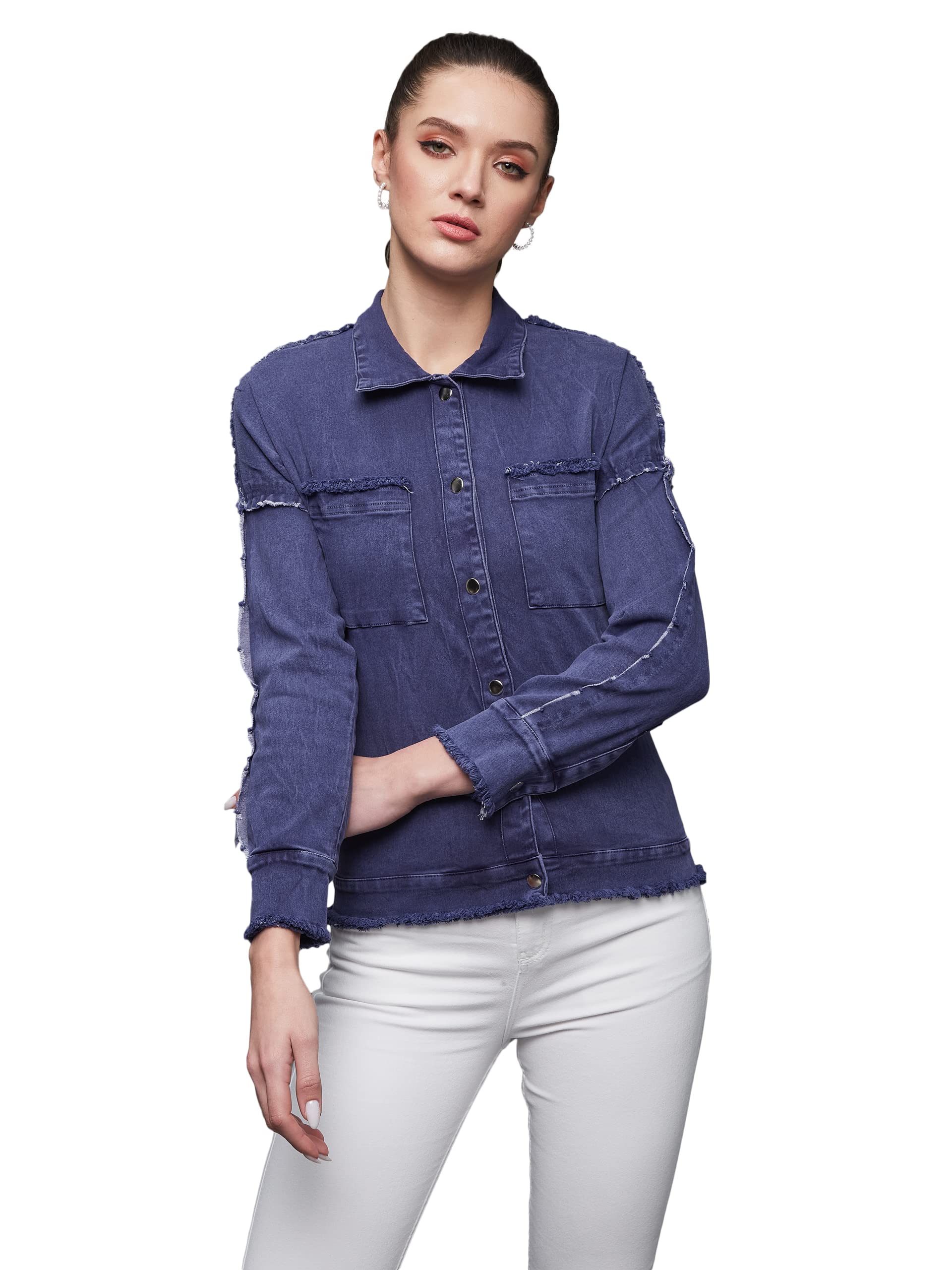 Miss Chase Womens Blue-Colored Polo-Neck Full-Sleeve Solid Bomber Regular-Length Jacket (MCAW22DEN05-92-115-06, Blue, XL)
