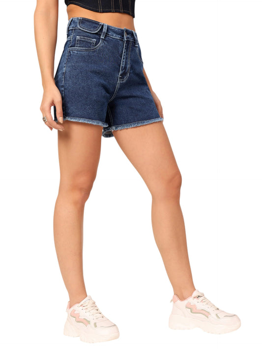 Dolce Crudo Womens Navy Relaxed Fit High Rise Regular-Length Stretchable Denim Faded Shorts (DOSS24DEN79-16-319-28, Midnight Bl