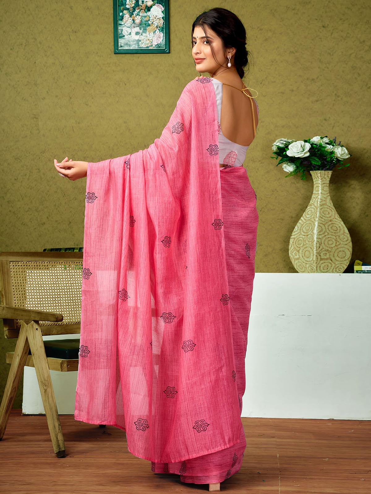 Satrani WomenS Chanderi Cotton Printed Ready To Wear One Minute Pre Pleated Readymade Saree With Unstitched Blouse Piece (32Rs3