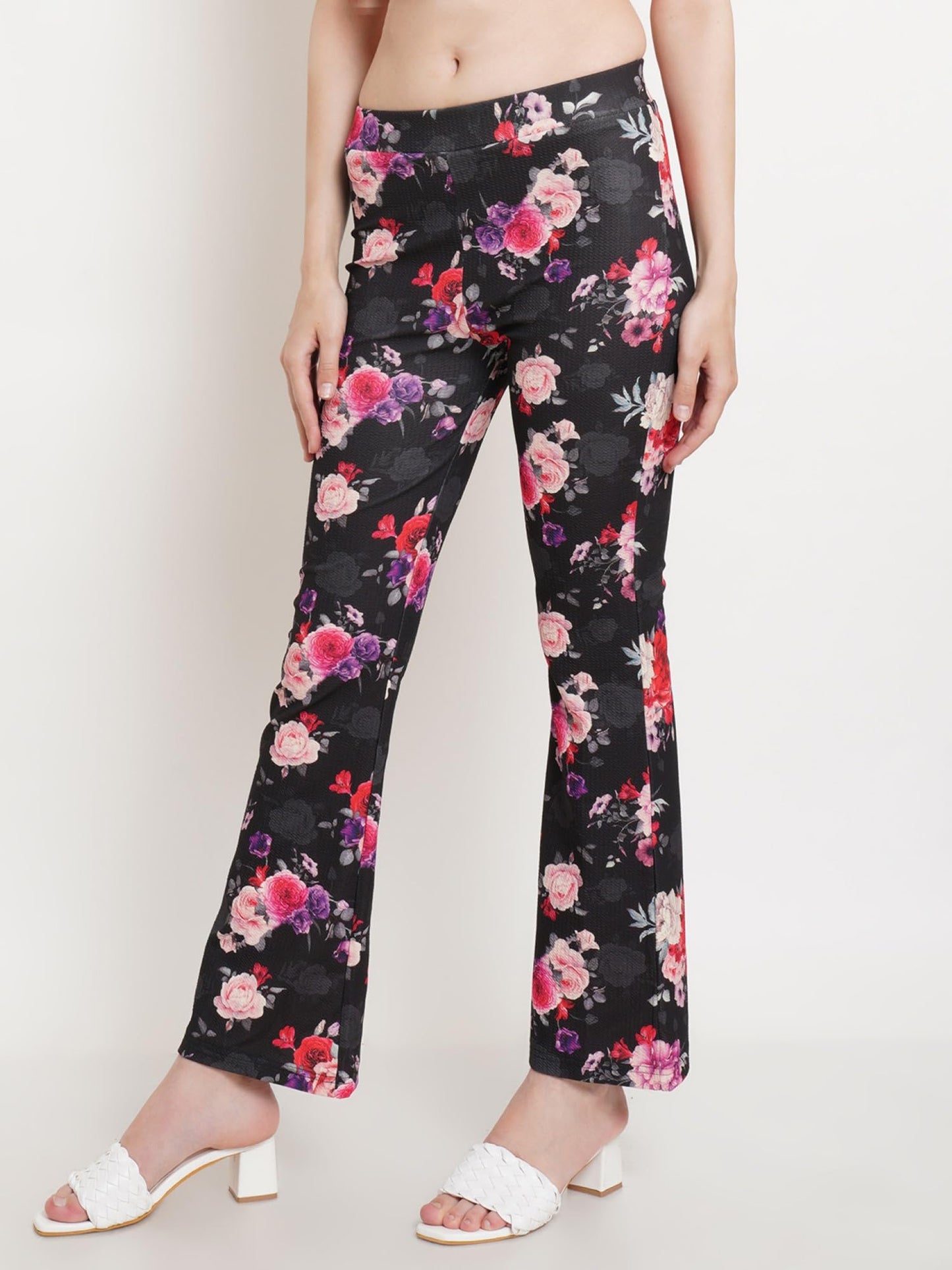 POPWINGS Casual Multi Colour Floral Print Bootcut Trouser for Women || Pull On Trouser for Women || Latest Stylish Western Regul