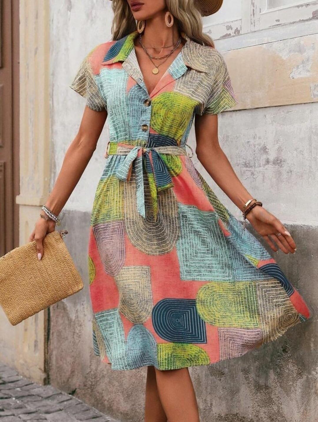 Gufrina WomenS Short Sleeve Collar Neck Dress - Geometric Print Button-Down Midi Dress With Tie-Up Belt (In, Alpha, 4Xl, Regula