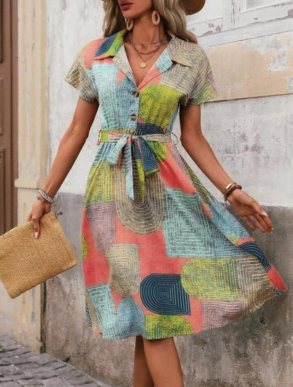 Gufrina WomenS Short Sleeve Collar Neck Dress - Geometric Print Button-Down Midi Dress With Tie-Up Belt (In, Alpha, 4Xl, Regula