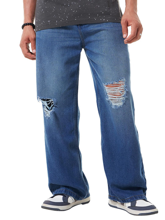 Bewakoof Mens Baggy Straight Fit Distressed Jeans_624277_Blue_30