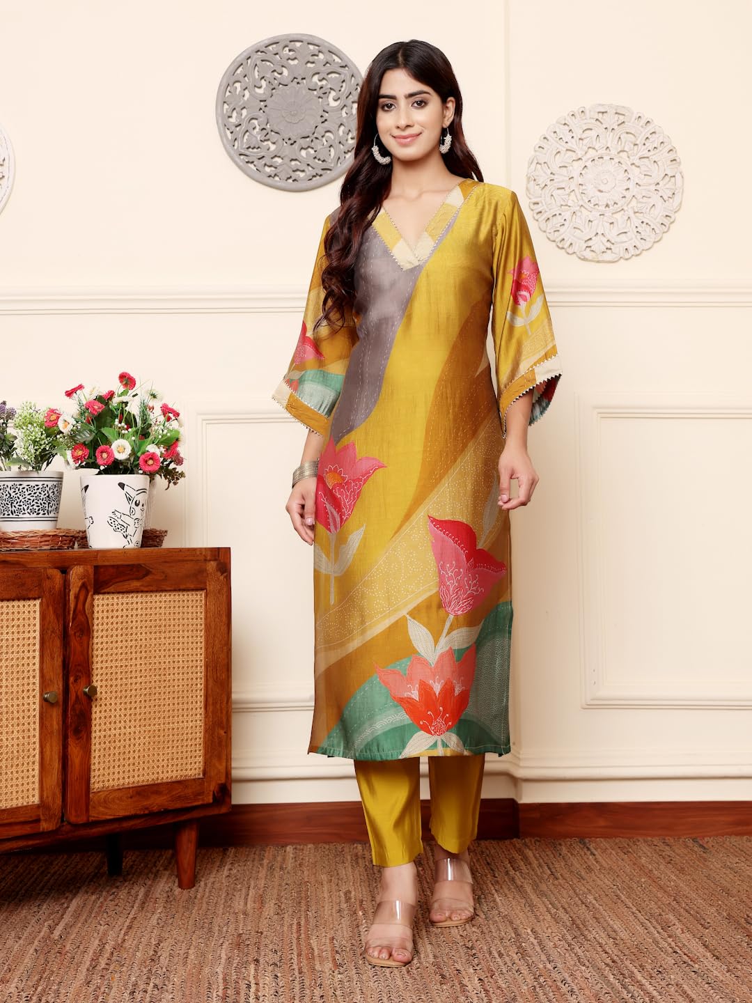 Varanga Women Olive Abstract Printed Gota Lace Detailed Kurta With Solid Trouser  Stylish Ethnic Set