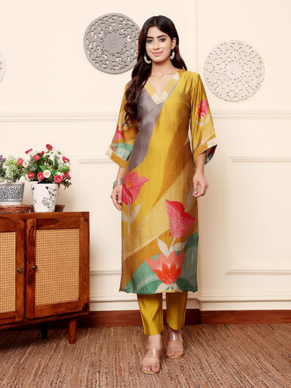 Varanga Women Olive Abstract Printed Gota Lace Detailed Kurta With Solid Trouser  Stylish Ethnic Set