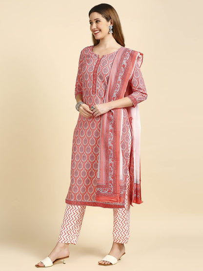 anubhutee Pink Ethnic Printed Cotton Straight Kurta Pant Suit Set with Dupatta for Women