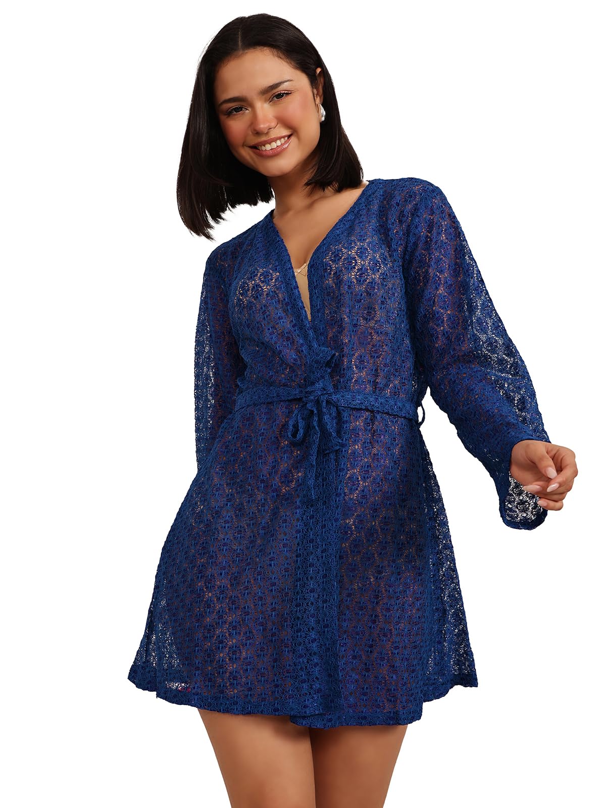 Clovia WomenS Lace Basic Sheer Robe (Ns1510P08_Blue_Xl)