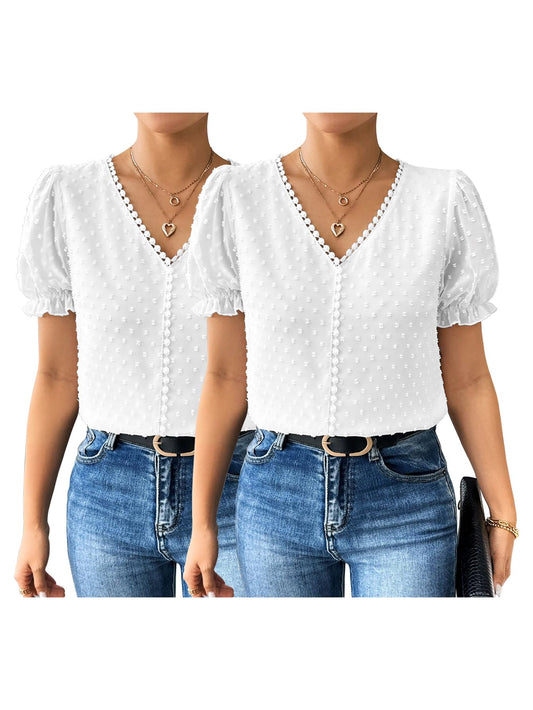 Shasmi Womens White Elegant French Textured Fabric Solid Black Color Lace Panel V-Neck Jacquard Blouse,Short Puff Sleeve Tops S