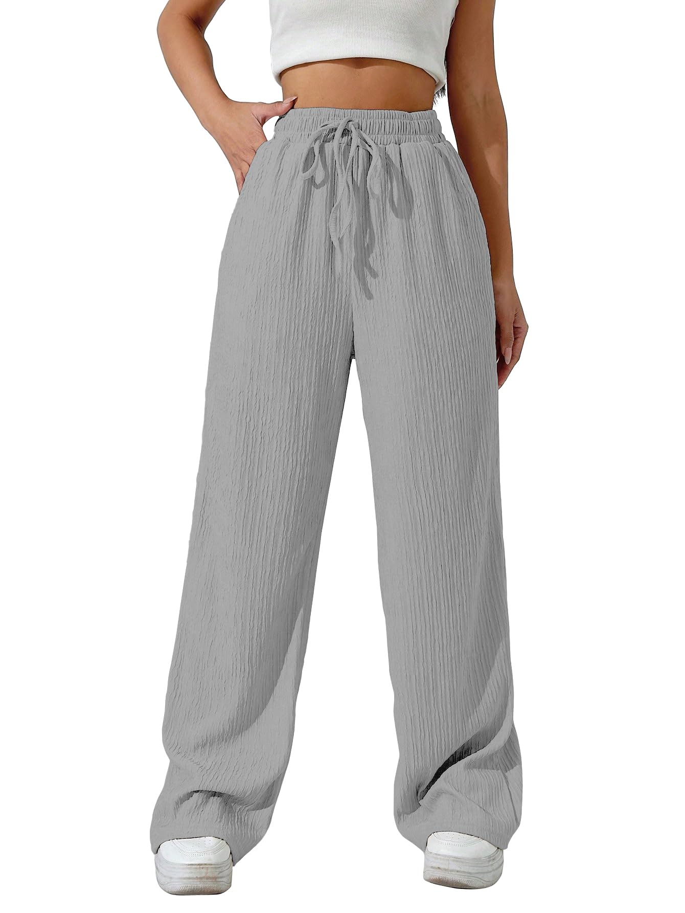 Sugathari Womens Light Grey Loose Wide-Leg Pants with Textured Wrinkled Fabric and Drawstring Waist Long Trousers (Trouser 157