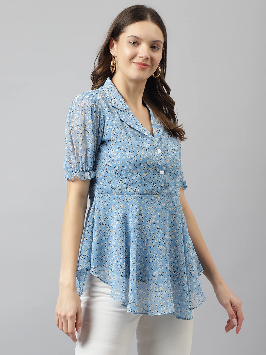 TOOCHKI Womens Light Blue Georgette Floral Flared Western Top | Winter Top | Western Top | Top for Women | Latest Women Top | T