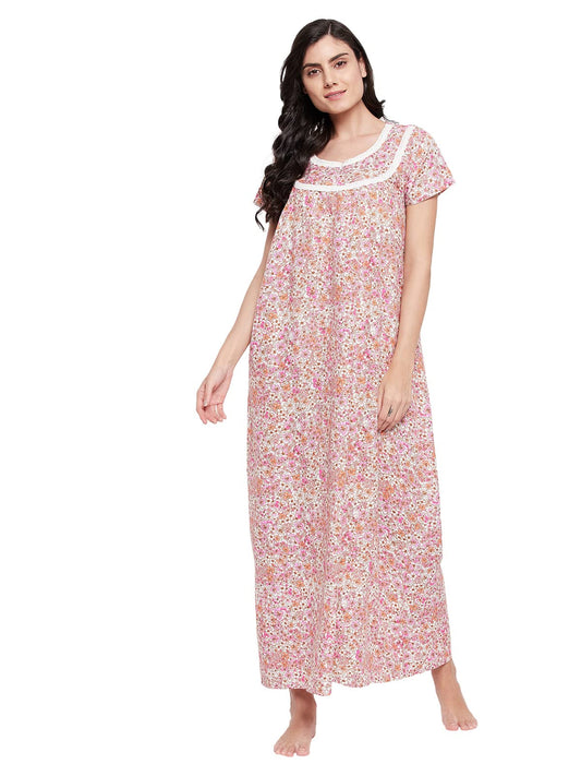 Clovia Womens Rayon Pretty Florals Long Night Dress (NS1367P22_Pink_XL)