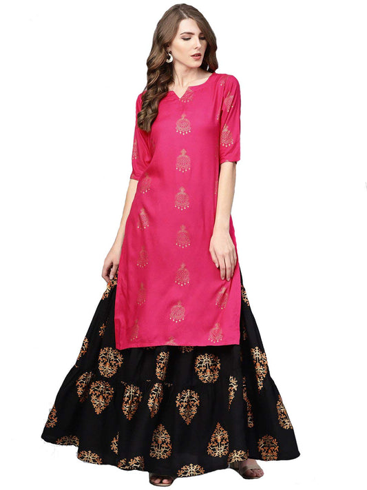 GoSriKi Women Rayon Printed Straight Kurta with Skirt(VERTIKA Pink)