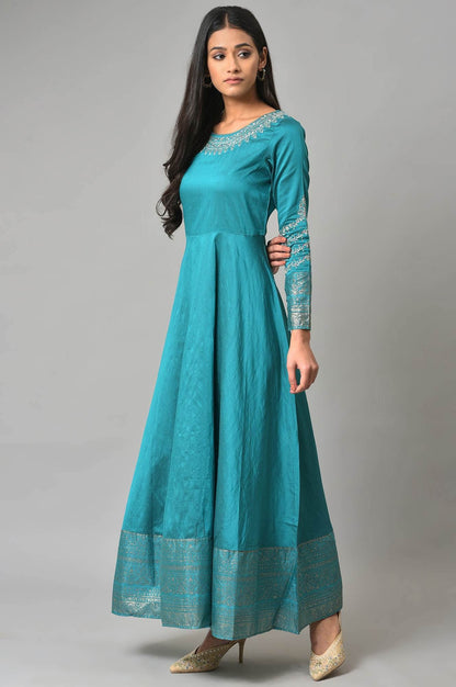 W Teal Embroidered Blend Maxi Dress For Women