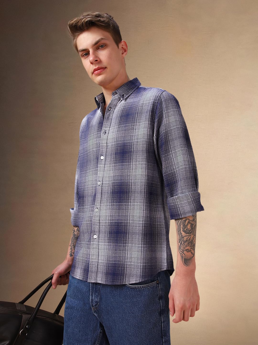 Dennis Lingo Blue Checks Cotton Regular-Fit Full-Sleeve Men Shirts