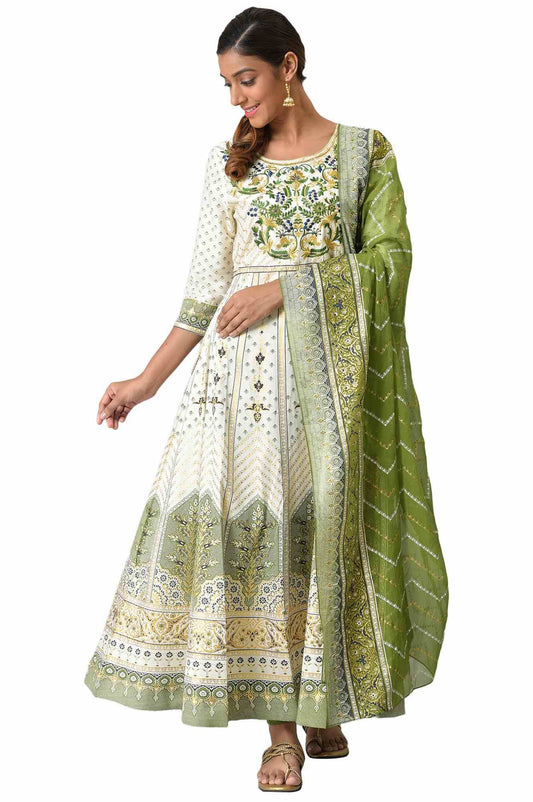 Aurelia Women Viscose Liva Floral Printed Flared Regular Kurta With Green Tights And Dupatta
