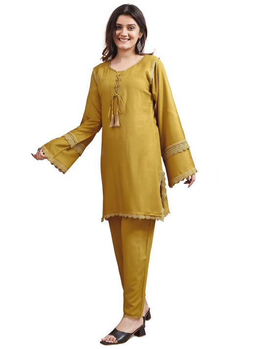 Womanista Women's Mustard colour rayon lace work tunic with trouser cord set(Co-ords_9092)