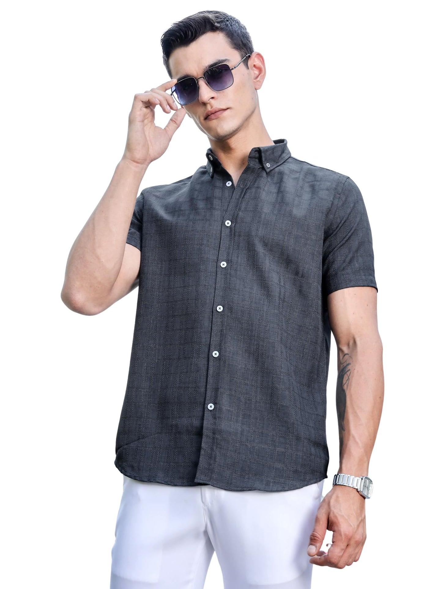 Thomas Scott Mens | Self Designed | Short Sleeves | Solid | Button Down Collar | Slim Fit | Polyster Blend | Shirt | (TS1717_Dk