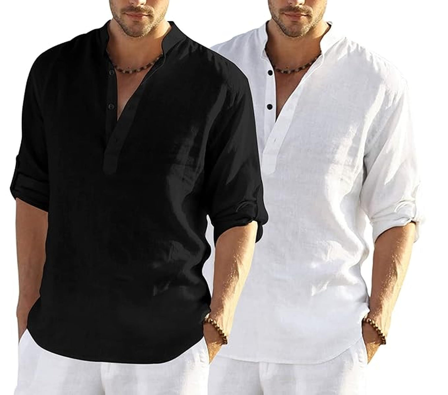 Bellstone MenS Cotton Blend Solid Regular Dress Shirt (Kurta800_Combo_Black_White_Xl