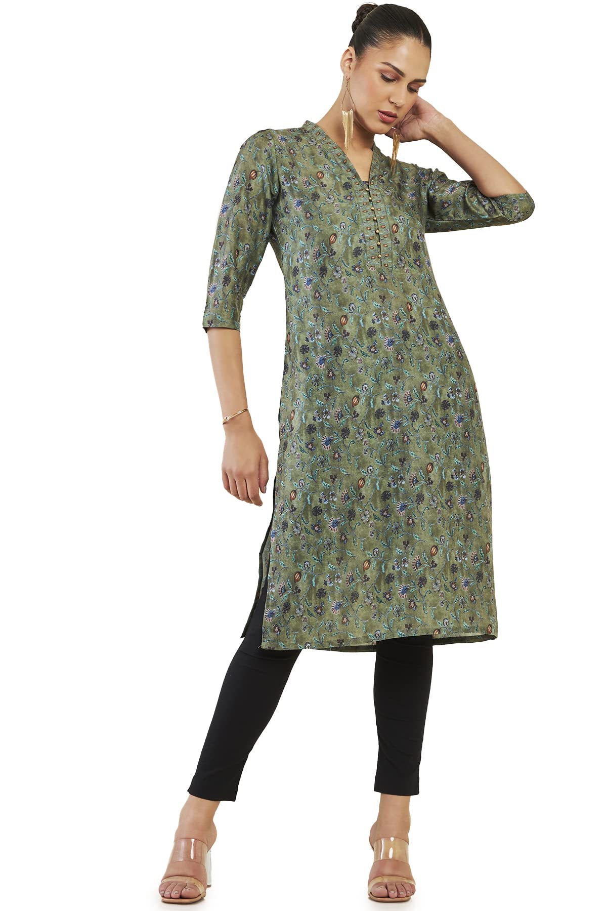 Soch Women Olive Cotton Blend Floral Kurta