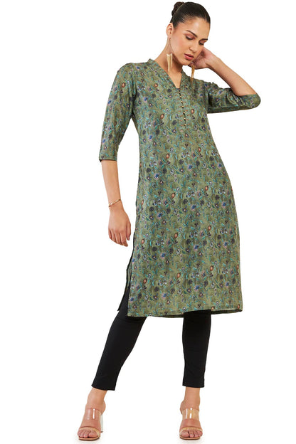 Soch Women Olive Cotton Blend Floral Kurta