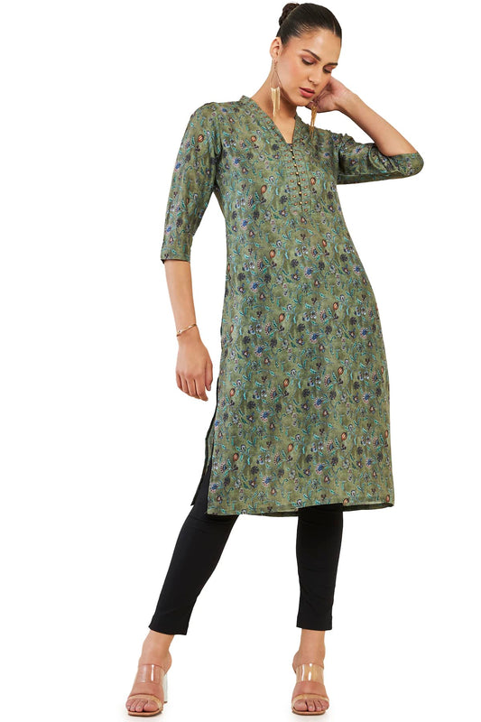Soch Women Olive Cotton Blend Floral Kurta