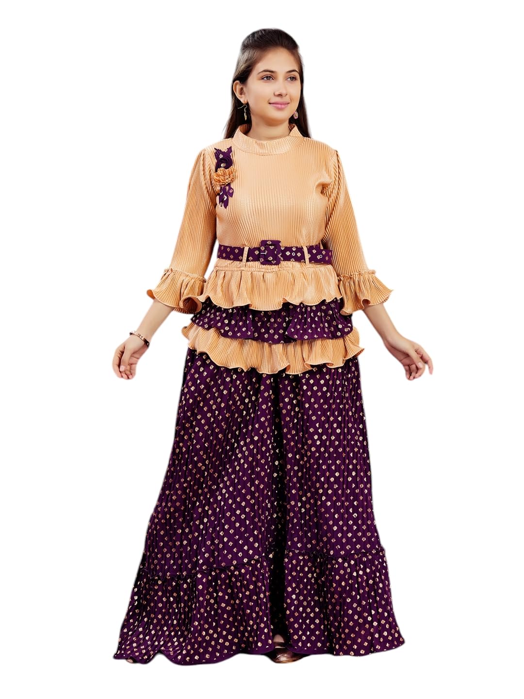 Aarika Girls Ethnic Wear Beige-Purple Colour Foil Print Nylon Lehenga Choli Set With Belt (5-16 Years)