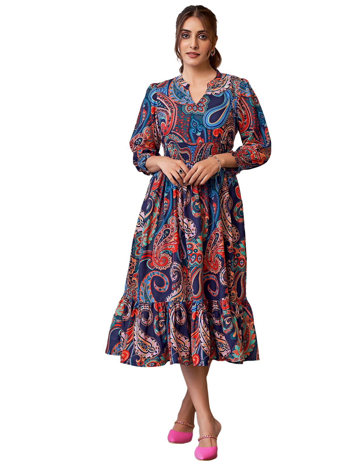 Selvia Western Dress for Women| Printed 3/4 Sleeve Rayon Blend Western Dress for Women | V-Neck A-Line Dress for Women | One Pie