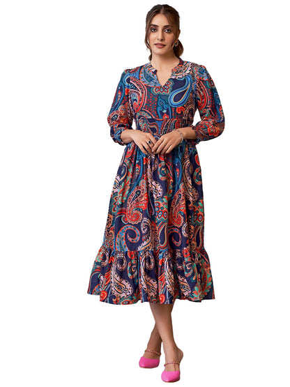 Selvia Western Dress for Women| Printed 3/4 Sleeve Rayon Blend Western Dress for Women | V-Neck A-Line Dress for Women | One Pie