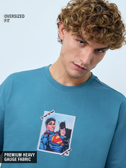 The Souled Store DC Comics: Superman and Batman Men and Boys Short Sleeves Round Neck Teal Graphic Printed Cotton Oversized T-Sh