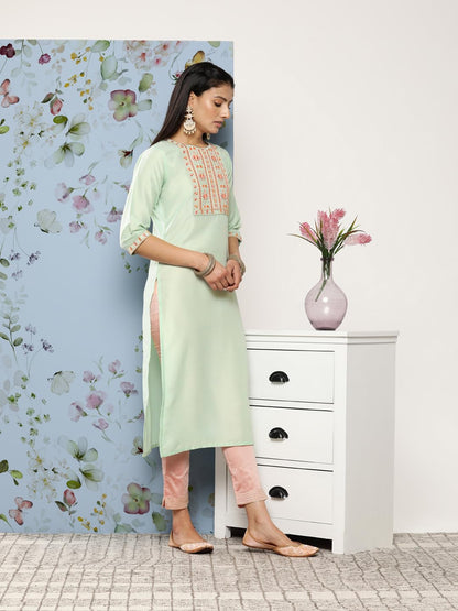 Libas WomenS Silk Printed Straight Kurta (26392_Green
