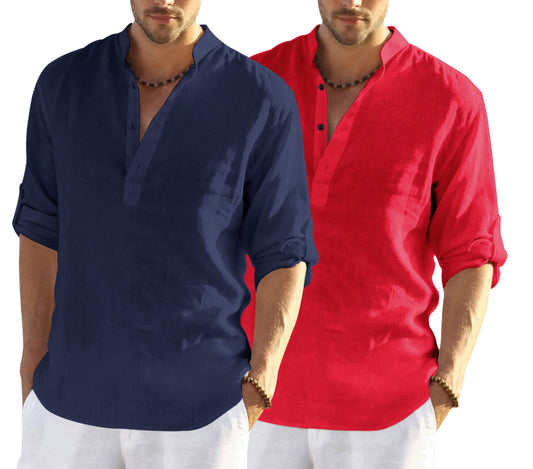 Hemadhav Combo Of MenS Regular Fit Cotton Blend Casual Kurta (Pack Of 2) Navy Blue - Red