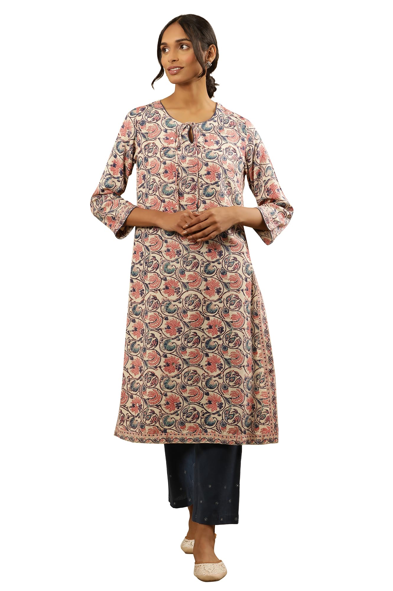 Folksong by W Women Off White Floral Print Viscose Straight Kurta