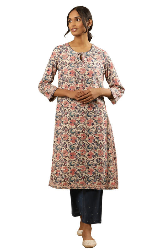 Folksong by W Women Off White Floral Print Viscose Straight Kurta