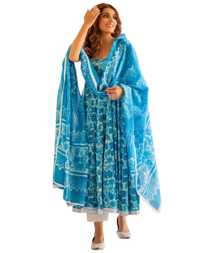 ANNI DESIGNER Womens Cotton Blend Anarkali Printed Kurta with Pant & Dupatta (Kalishta Sky Blue_XL_Sky Blue_X-Large)